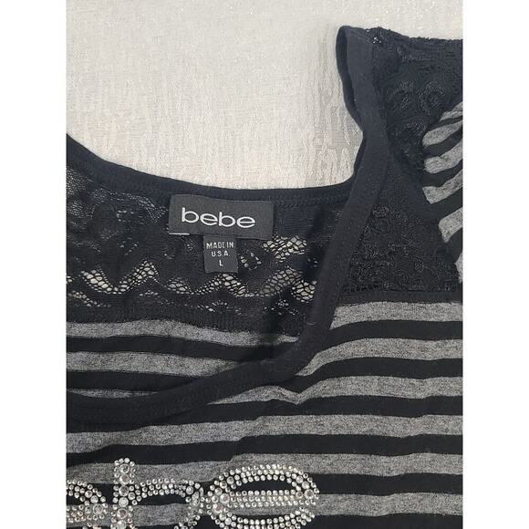 bebe Y2K Women's tee top black/Grey stripes Size Large Bling McBling Lace Goth - Picture 6 of 6